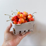 Hand holding a small white container filled with red and yellow fruits against a light background